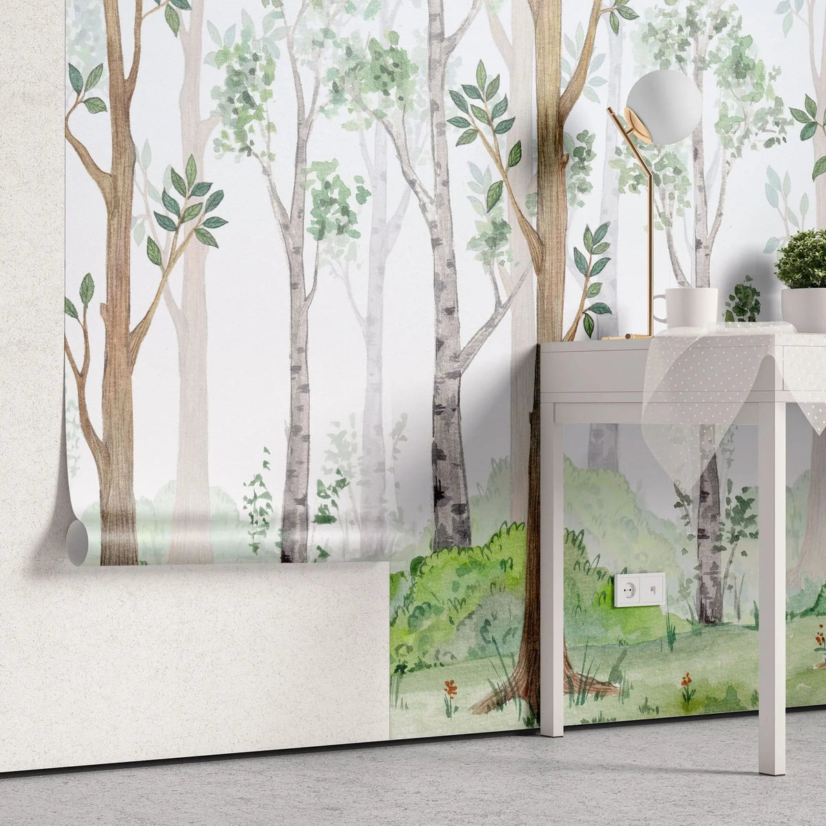 Tapet personalizat natura pentru copii cu copaci intr o padure verde in ceata foggy forest