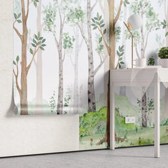 Tapet personalizat natura pentru copii cu copaci intr o padure verde in ceata foggy forest