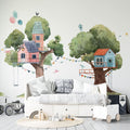 Tapet personalizat natura pentru copii cu casute colorate in copaci baloane si stegulete tree house