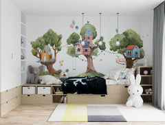 tapet-personalizat-natura-pentru-copii-cu-casute-colorate-in-copaci-baloane-si-stegulete-tree-house