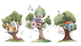 Tapet personalizat natura pentru copii cu casute colorate in copaci baloane si stegulete tree house