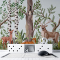 Tapet personalizat natura pentru copii cu padure amazoniana si animale salbatice printre care caprioare cerbi vulpe iepure raton si bufnita wild forest