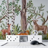 Tapet personalizat natura pentru copii cu padure amazoniana si animale salbatice printre care caprioare cerbi vulpe iepure raton si bufnita wild forest