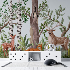 Tapet personalizat natura pentru copii cu padure amazoniana si animale salbatice printre care caprioare cerbi vulpe iepure raton si bufnita wild forest