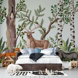 Tapet personalizat natura pentru copii cu padure amazoniana si animale salbatice printre care caprioare cerbi vulpe iepure raton si bufnita wild forest
