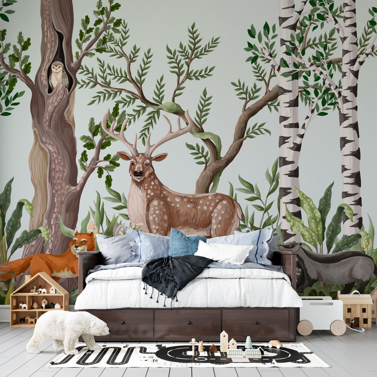 Tapet personalizat natura pentru copii cu padure amazoniana si animale salbatice printre care caprioare cerbi vulpe iepure raton si bufnita wild forest