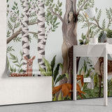 Tapet personalizat natura pentru copii cu padure amazoniana si animale salbatice printre care caprioare cerbi vulpe iepure raton si bufnita wild forest