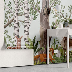 Tapet personalizat natura pentru copii cu padure amazoniana si animale salbatice printre care caprioare cerbi vulpe iepure raton si bufnita wild forest