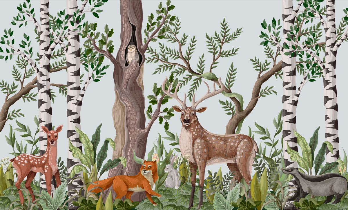 Tapet personalizat natura pentru copii cu padure amazoniana si animale salbatice printre care caprioare cerbi vulpe iepure raton si bufnita wild forest