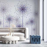 Tapet personalizat natura pentru copii cu flori de papadii mov pe fundal alb purple dandelions