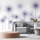 Tapet personalizat natura pentru copii cu flori de papadii mov pe fundal alb purple dandelions