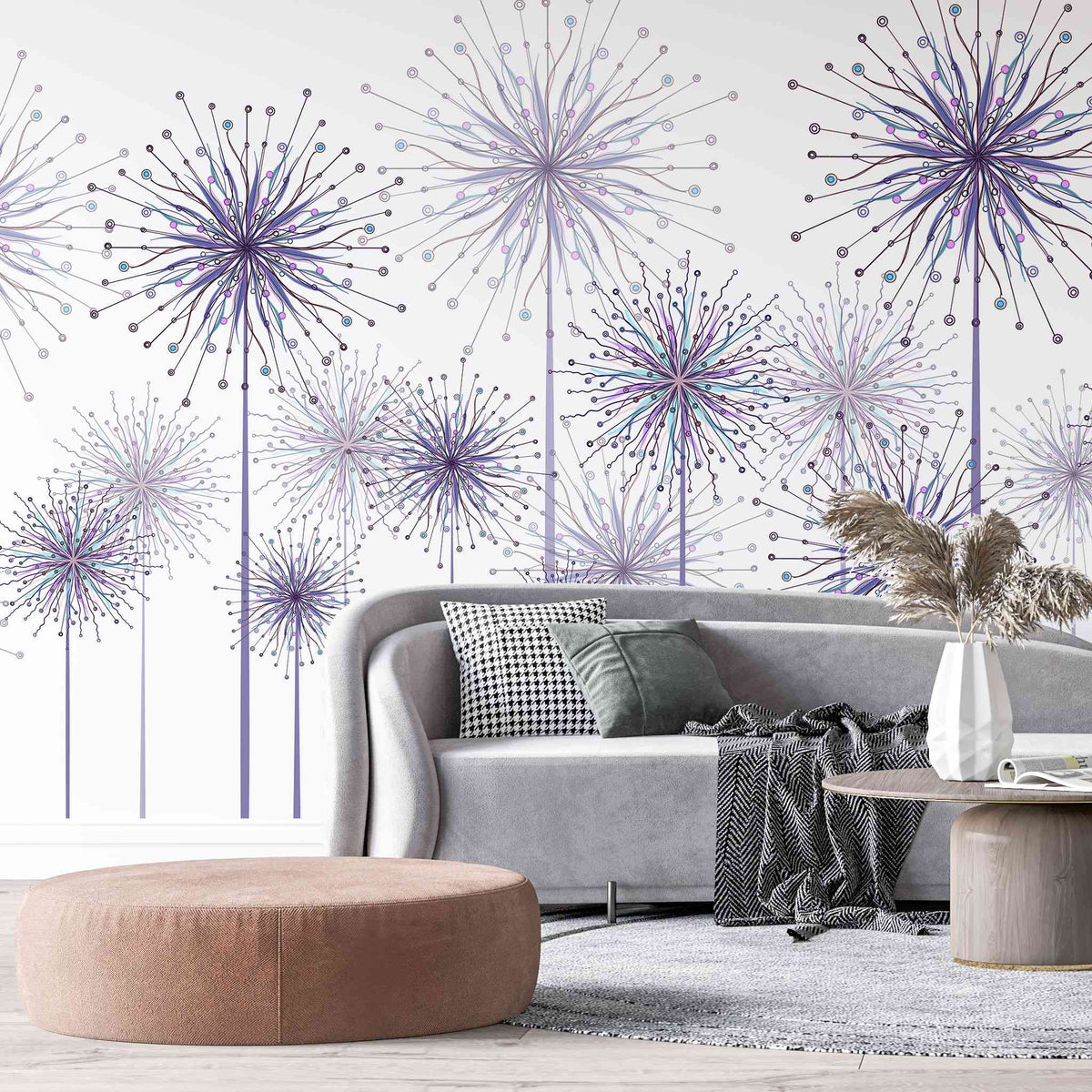 Tapet personalizat natura pentru copii cu flori de papadii mov pe fundal alb purple dandelions