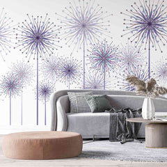 Tapet personalizat natura pentru copii cu flori de papadii mov pe fundal alb purple dandelions