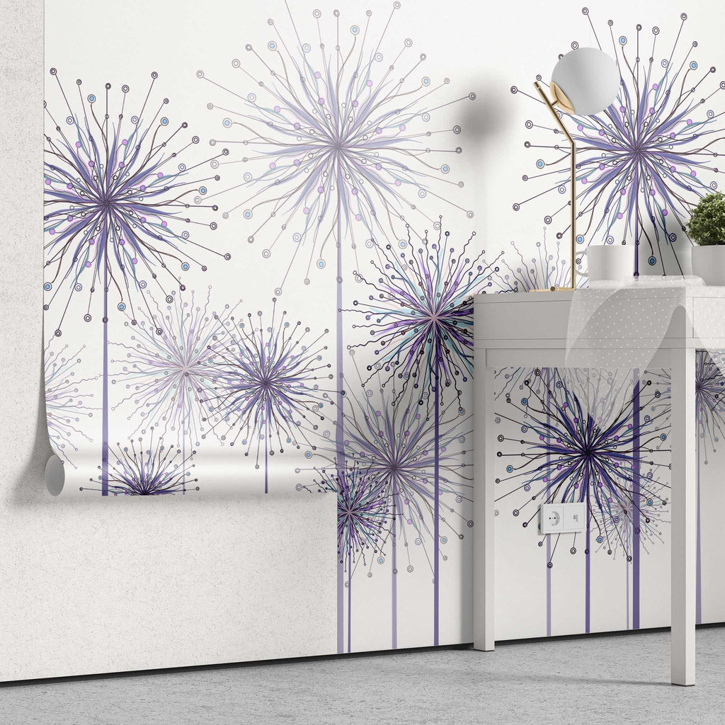 Tapet personalizat natura pentru copii cu flori de papadii mov pe fundal alb purple dandelions