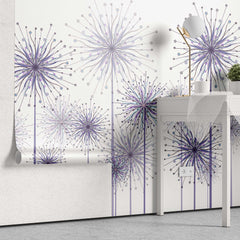 Tapet personalizat natura pentru copii cu flori de papadii mov pe fundal alb purple dandelions