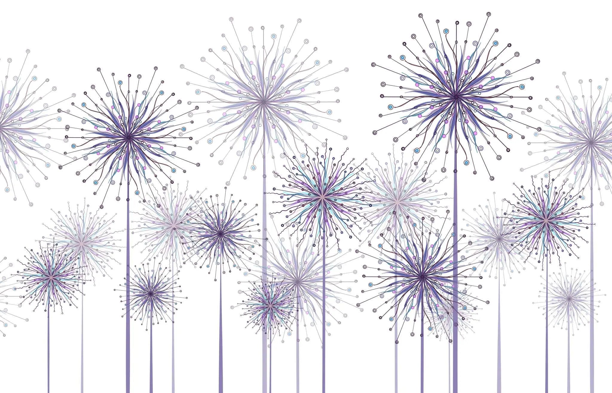 Tapet personalizat natura pentru copii cu flori de papadii mov pe fundal alb purple dandelions