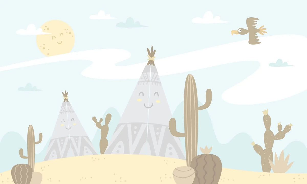 Tapet personalizat natura pentru copii cu corturi si cactusi in desert desert tents