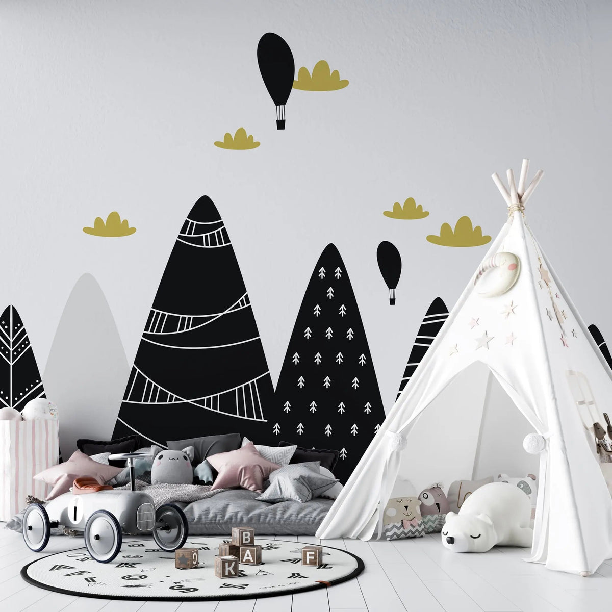Tapet personalizat natura pentru copii cu munti alb negru decorati textured mountains