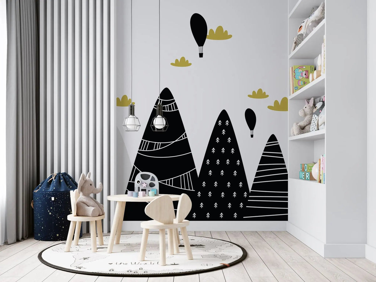 Tapet personalizat natura pentru copii cu munti alb negru decorati textured mountains