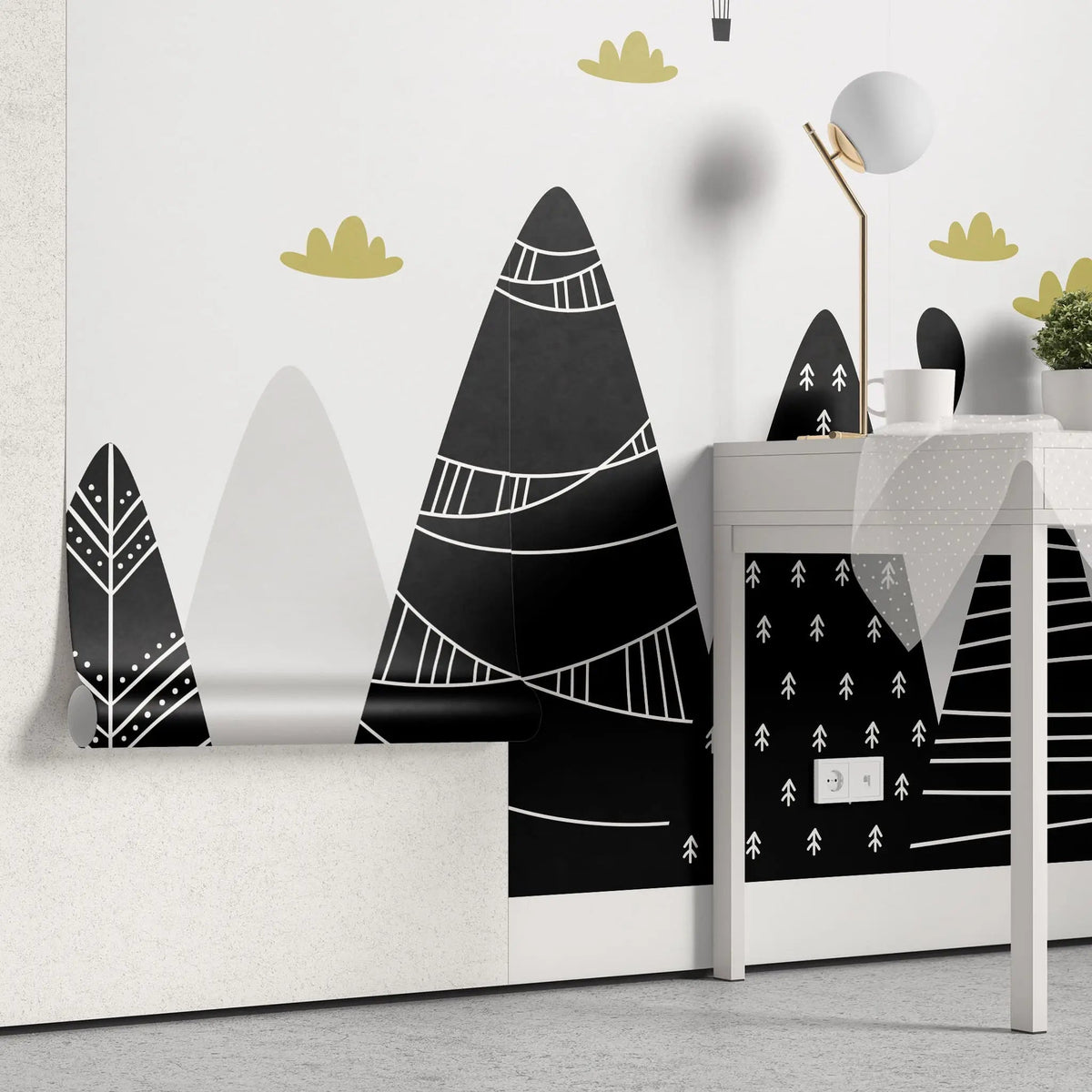 Tapet personalizat natura pentru copii cu munti alb negru decorati textured mountains