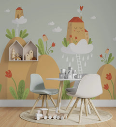 Tapet personalizat natura pentru copii cu case rosii care plutesc pe nori floating house