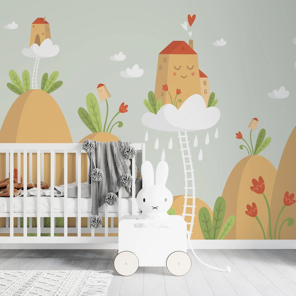 Tapet personalizat natura pentru copii cu case rosii care plutesc pe nori floating house