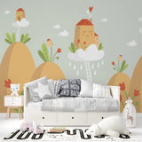 Tapet personalizat natura pentru copii cu case rosii care plutesc pe nori floating house
