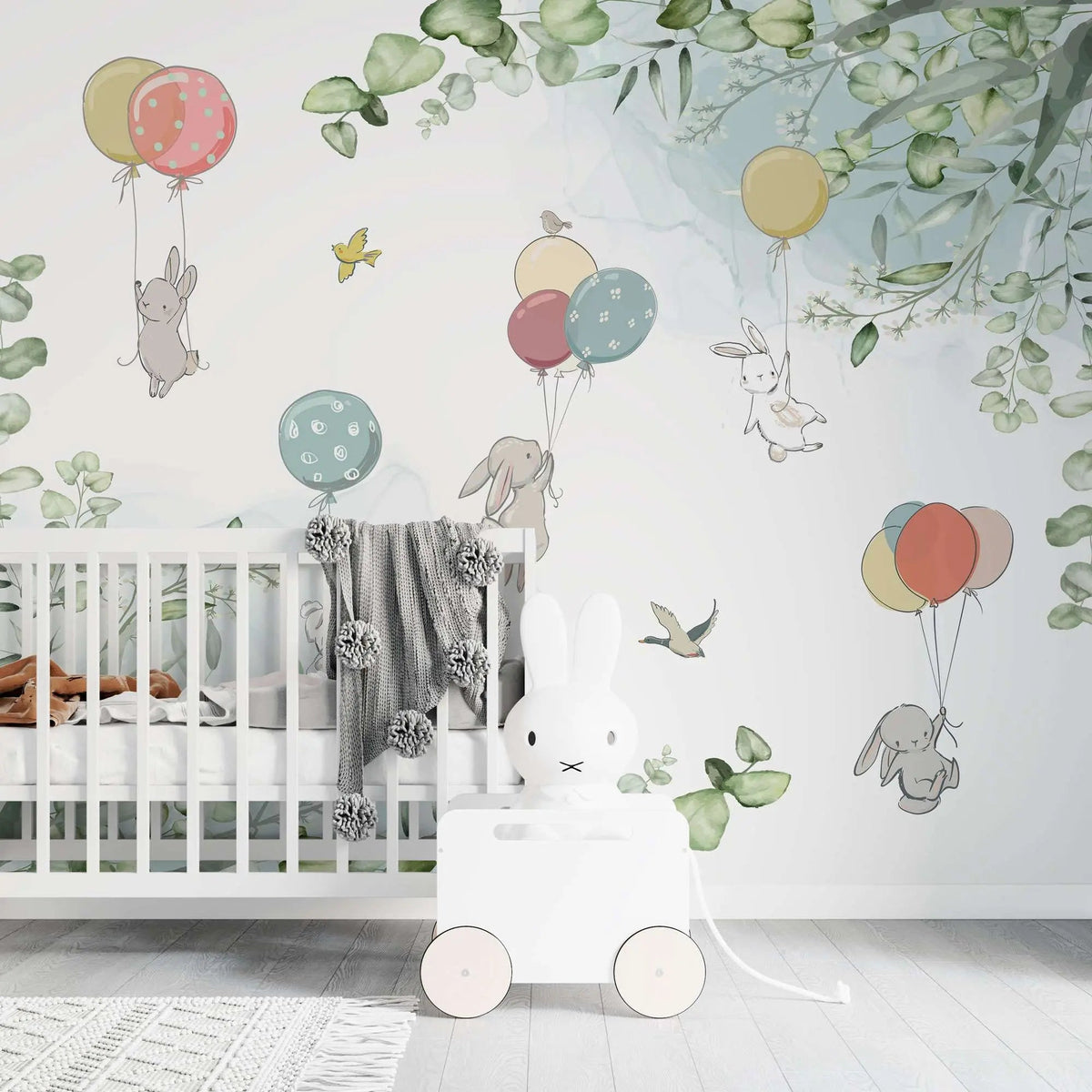 Tapet personalizat natura pentru copii cu iepurasi plutind cu baloane colorate in natura pe fundal alb baby bunny
