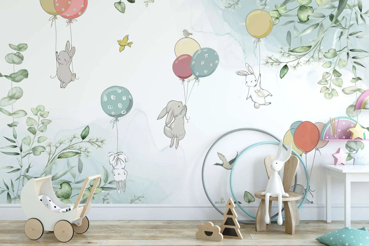 Tapet personalizat natura pentru copii cu iepurasi plutind cu baloane colorate in natura pe fundal alb baby bunny