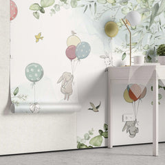 Tapet personalizat natura pentru copii cu iepurasi plutind cu baloane colorate in natura pe fundal alb baby bunny