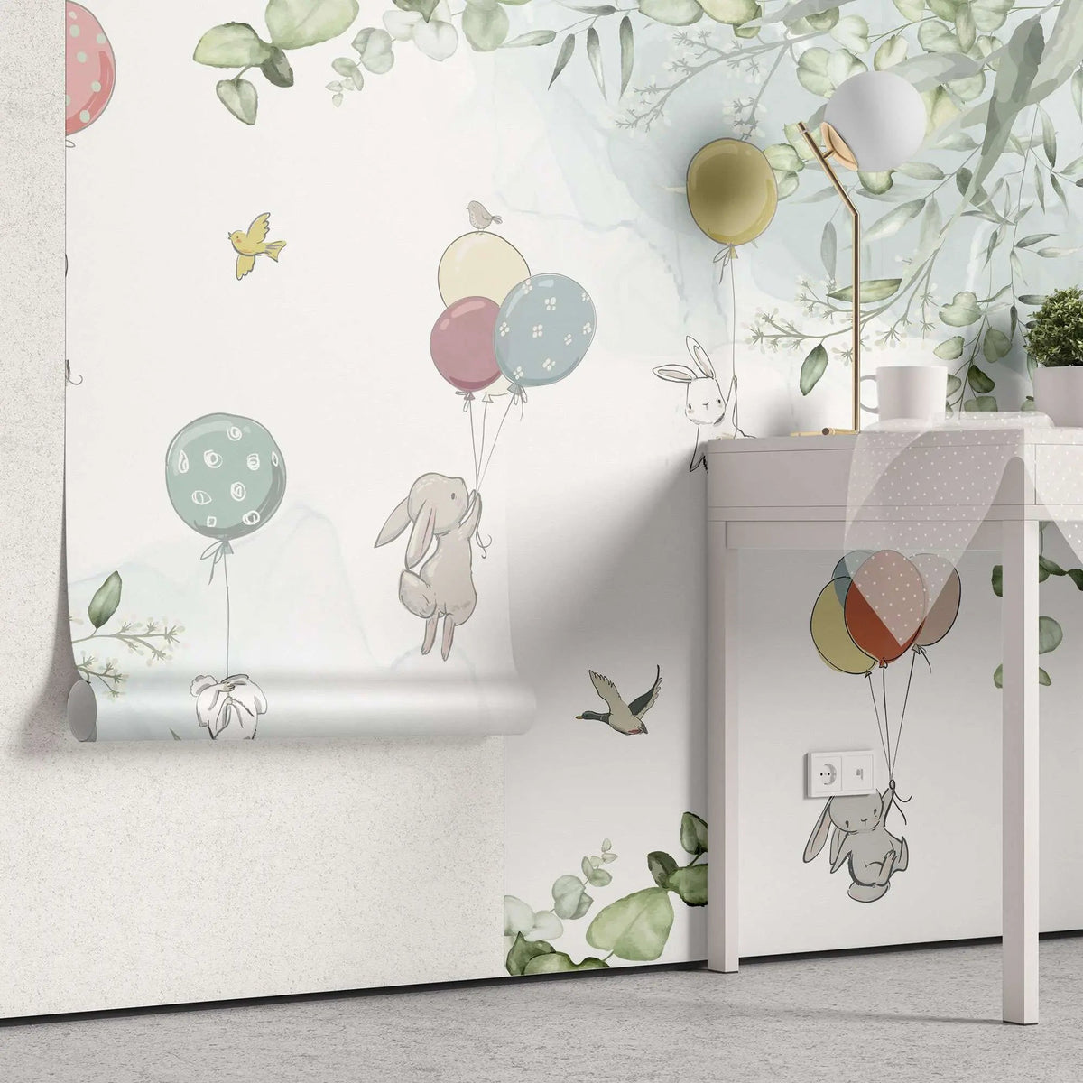 Tapet personalizat natura pentru copii cu iepurasi plutind cu baloane colorate in natura pe fundal alb baby bunny