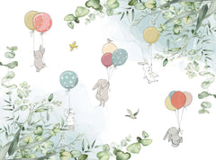 Tapet personalizat natura pentru copii cu iepurasi plutind cu baloane colorate in natura pe fundal alb baby bunny