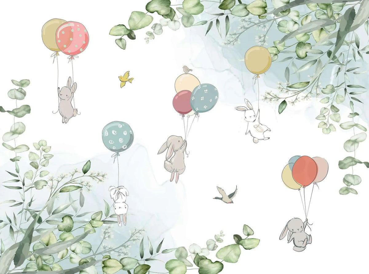 Tapet personalizat natura pentru copii cu iepurasi plutind cu baloane colorate in natura pe fundal alb baby bunny