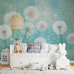Tapet personalizat natura pentru copii cu flori de papadii albe pe fundal verde turcoaz white dandelions