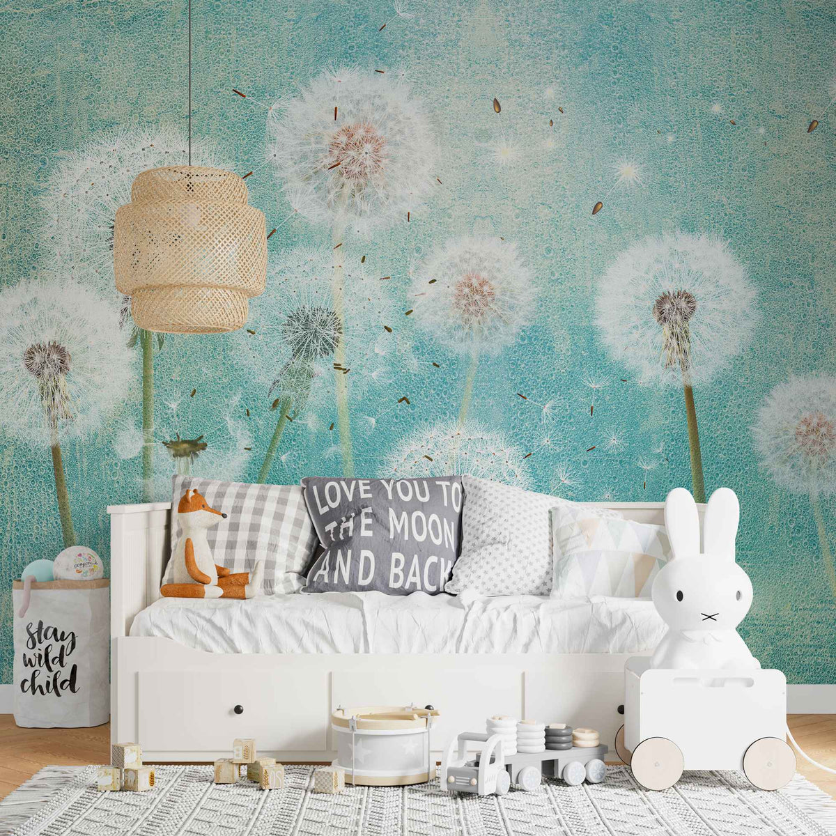 Tapet personalizat natura pentru copii cu flori de papadii albe pe fundal verde turcoaz white dandelions