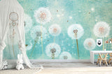 Tapet personalizat natura pentru copii cu flori de papadii albe pe fundal verde turcoaz white dandelions