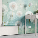 Tapet personalizat natura pentru copii cu flori de papadii albe pe fundal verde turcoaz white dandelions