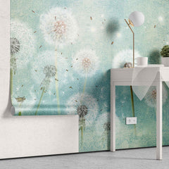 Tapet personalizat natura pentru copii cu flori de papadii albe pe fundal verde turcoaz white dandelions