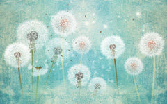 Tapet personalizat natura pentru copii cu flori de papadii albe pe fundal verde turcoaz white dandelions
