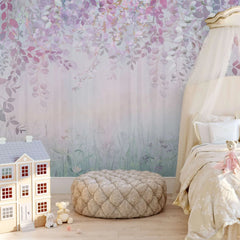 Tapet personalizat natura pentru copii cu padure si frunze in nuante de roz si mov mauve forest