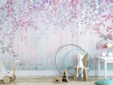 Tapet personalizat natura pentru copii cu padure si frunze in nuante de roz si mov mauve forest