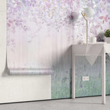 Tapet personalizat natura pentru copii cu padure si frunze in nuante de roz si mov mauve forest