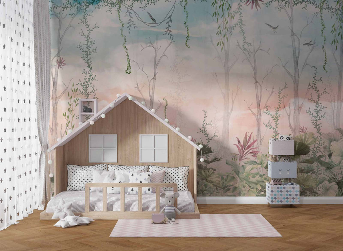 Tapet Personalizat Natura pentru copii cu jungla cu liane si cer rozaliu - LIGHT PINK DUSK