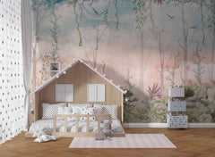 Tapet Personalizat Natura pentru copii cu jungla cu liane si cer rozaliu - LIGHT PINK DUSK