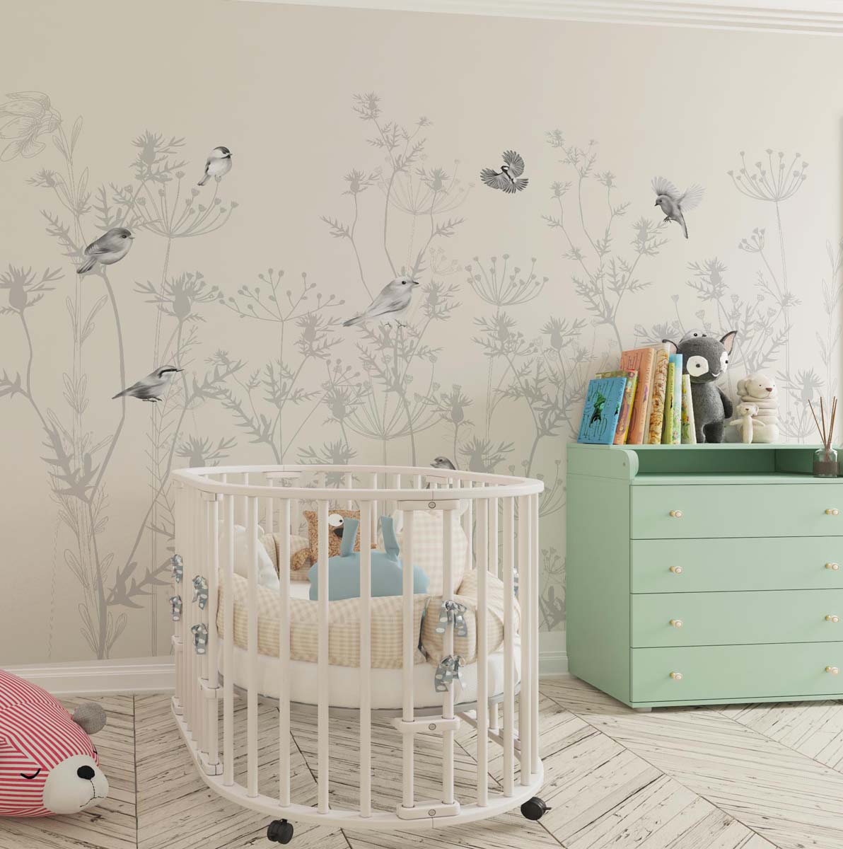 Tapet Personalizat Natura pentru copii cu pasari si plante salbatice in nuante de gri si alb - WILD BIRDIES