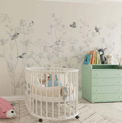 Tapet Personalizat Natura pentru copii cu pasari si plante salbatice in nuante de gri si alb - WILD BIRDIES