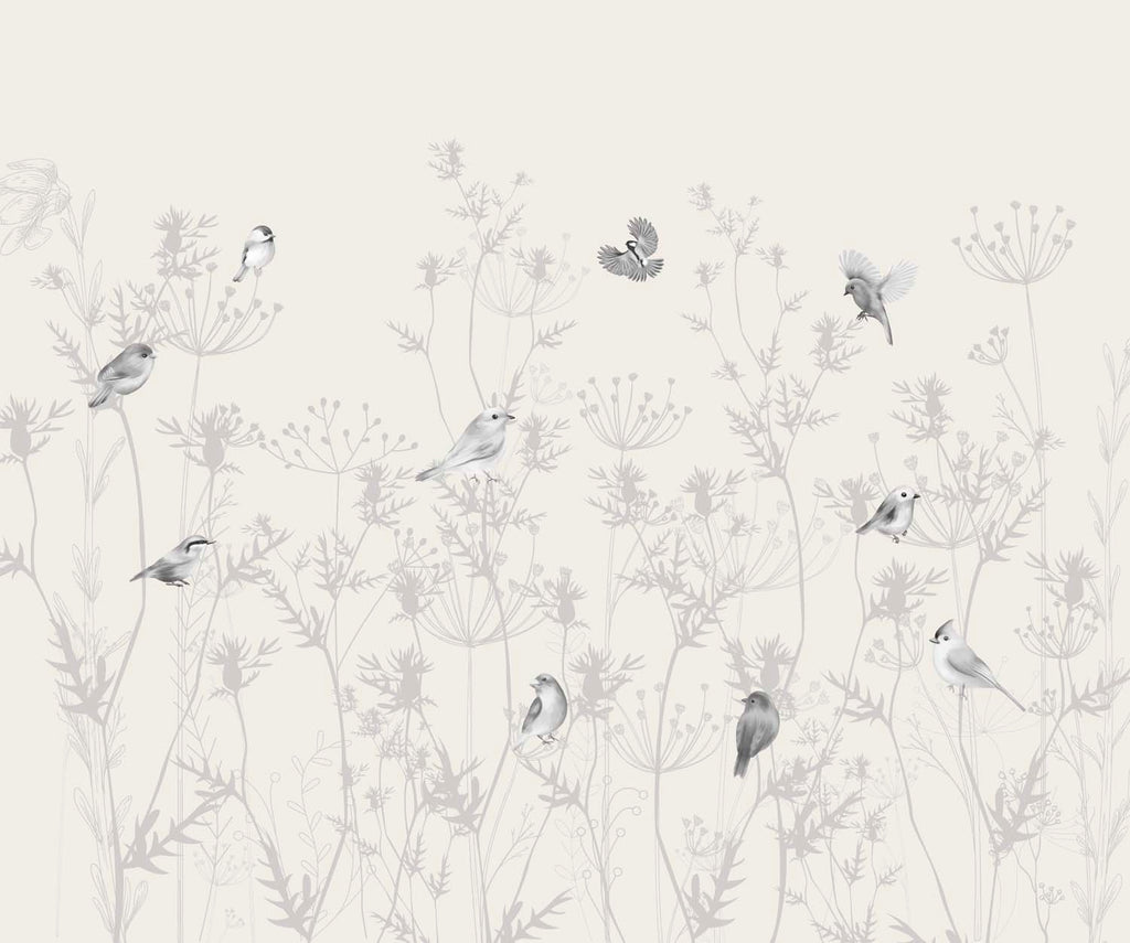 Tapet Personalizat Natura pentru copii cu pasari si plante salbatice in nuante de gri si alb - WILD BIRDIES