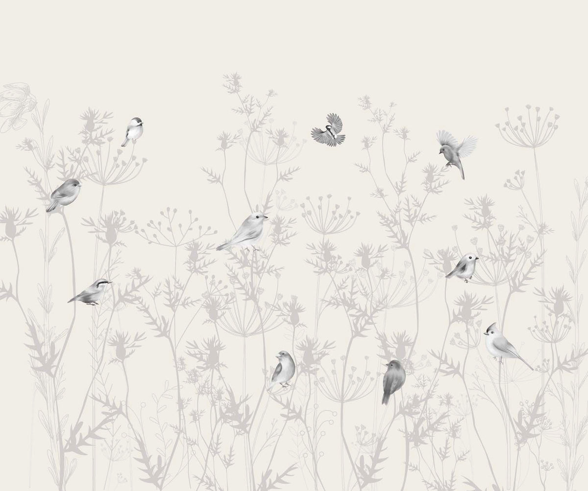 Tapet Personalizat Natura pentru copii cu pasari si plante salbatice in nuante de gri si alb - WILD BIRDIES