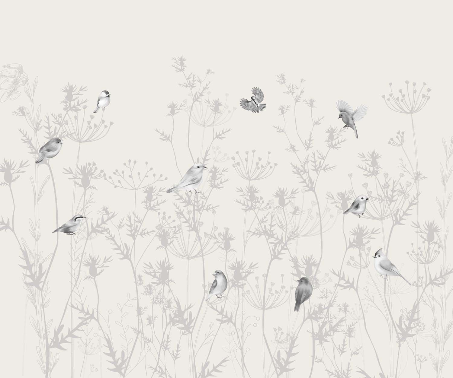 Tapet Personalizat Natura pentru copii cu pasari si plante salbatice in nuante de gri si alb - WILD BIRDIES