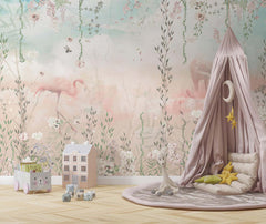 Tapet Personalizat Natura pentru copii cu jungla cu flamingo in nuante pastelate de roz si albastru - PASTEL FLAMINGO